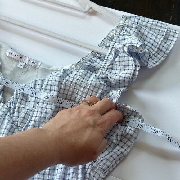 English Factory Women M Gingham Printed Tiered Mini Dress Cottagecore Blue Plaid - Picture 8 of 10